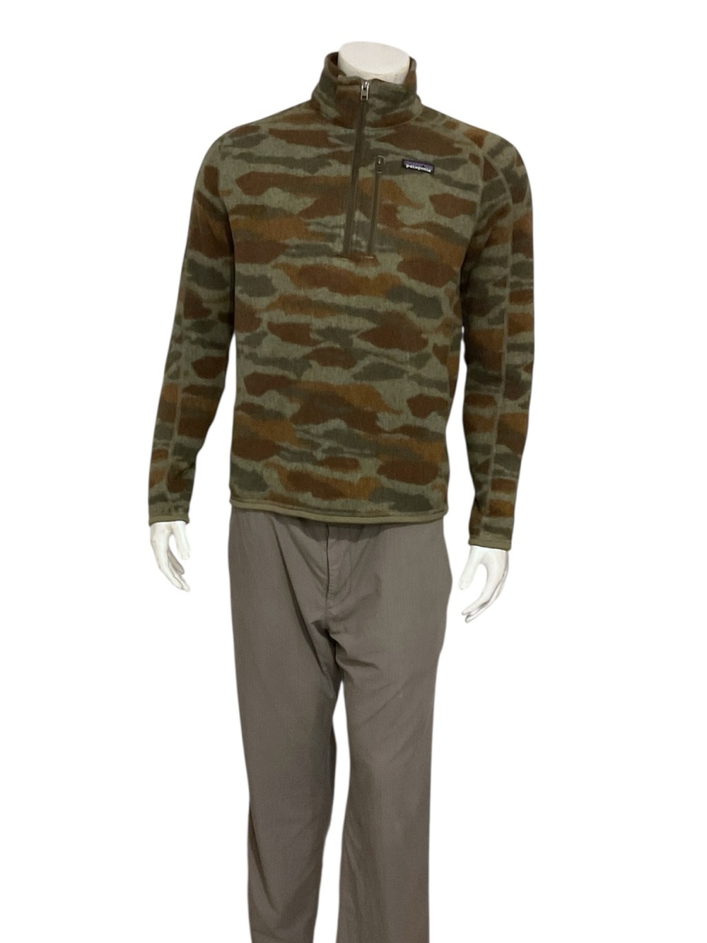 Patagonia Men’s Olive & Brown Camo Quarter-Zip Sweater